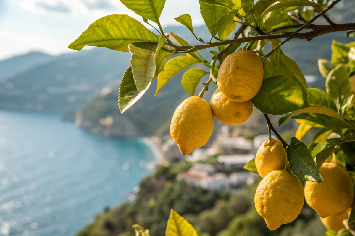 Limoni freschi della Costiera Amalfitana su ramo con vista mare